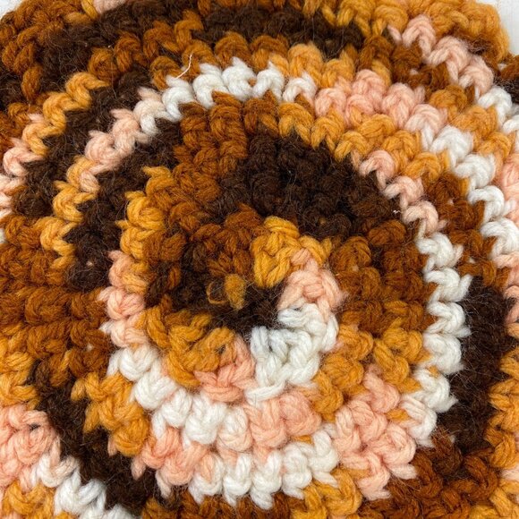 Set of 3 Vintage Handmade Crocheted Orange Brown Spiral Scalloped Edge Coasters - Picture 6 of 11